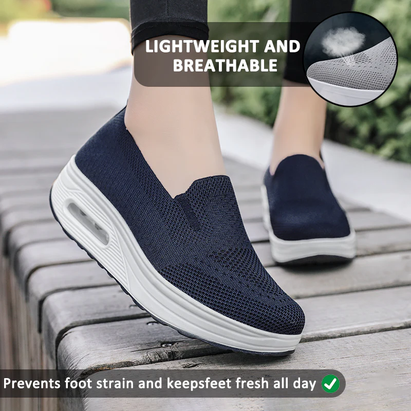 Women Slip-on Thick-soled Height-enhancing Air Cushion Sports Shoes Flying Knit Breathable Casual Shoes