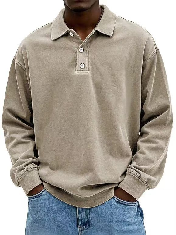 Men's Retro Washed Distressed Cotton Lapel Long Sleeve Polo Shirt