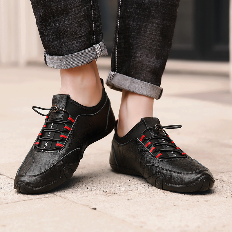 Men's Leather Splicing Non Slip Elastic Lace Soft Sole Casual Driving Shoes