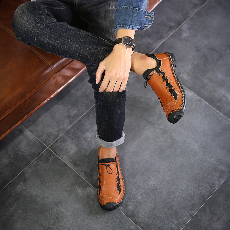 Fabootd Men Hand Stitching Leather Non Slip Anti-collision Large Size Casual Shoes