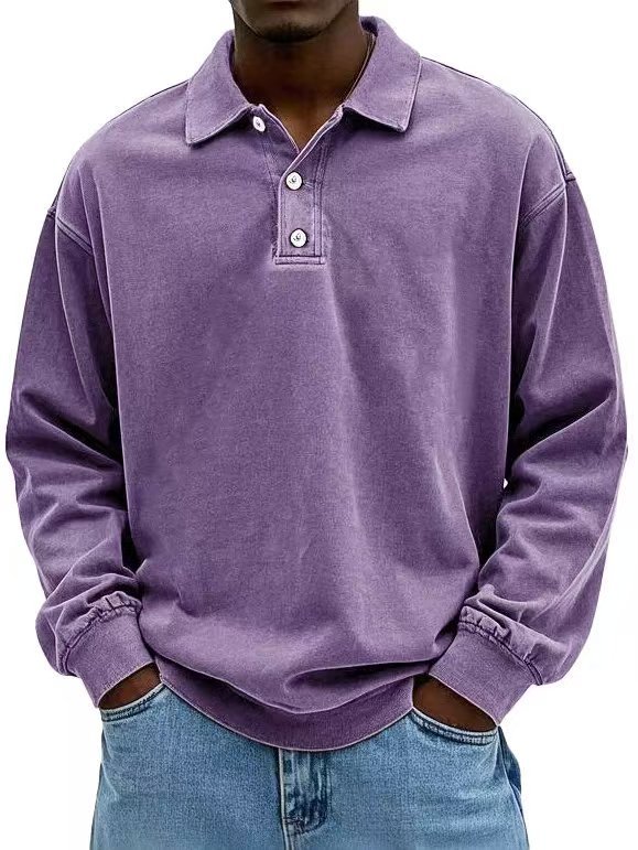 Men's Retro Washed Distressed Cotton Lapel Long Sleeve Polo Shirt