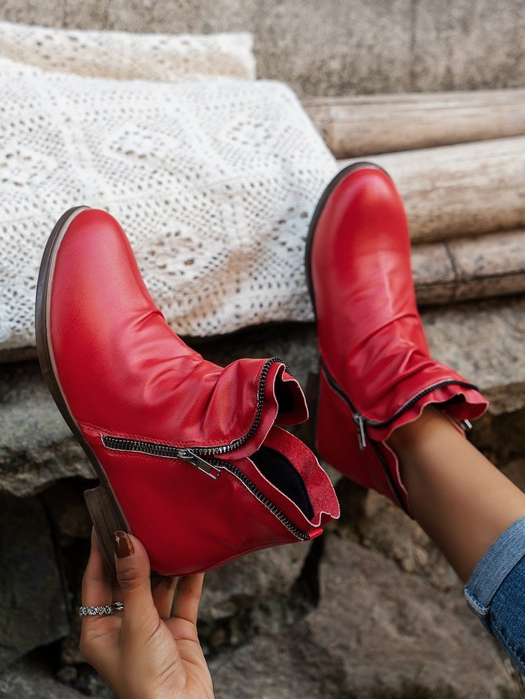 Women's Low Heel Round Toe Ankle Boots with Dual Zippers - Stylish Solid Color PU Cover Booties in Black, Blue, Orange, Purple & Red - Comfortable & Easy to Wear