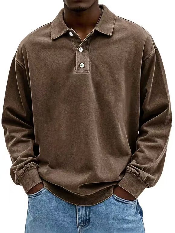 Men's Retro Washed Distressed Cotton Lapel Long Sleeve Polo Shirt