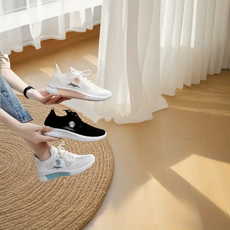 Breathable & Stylish Women's Running Shoes - Soft Sole, Lightweight, Mesh Upper with Floral Embroidery, Casual Outdoor Sports Footwear in White, Ladies Sneakers