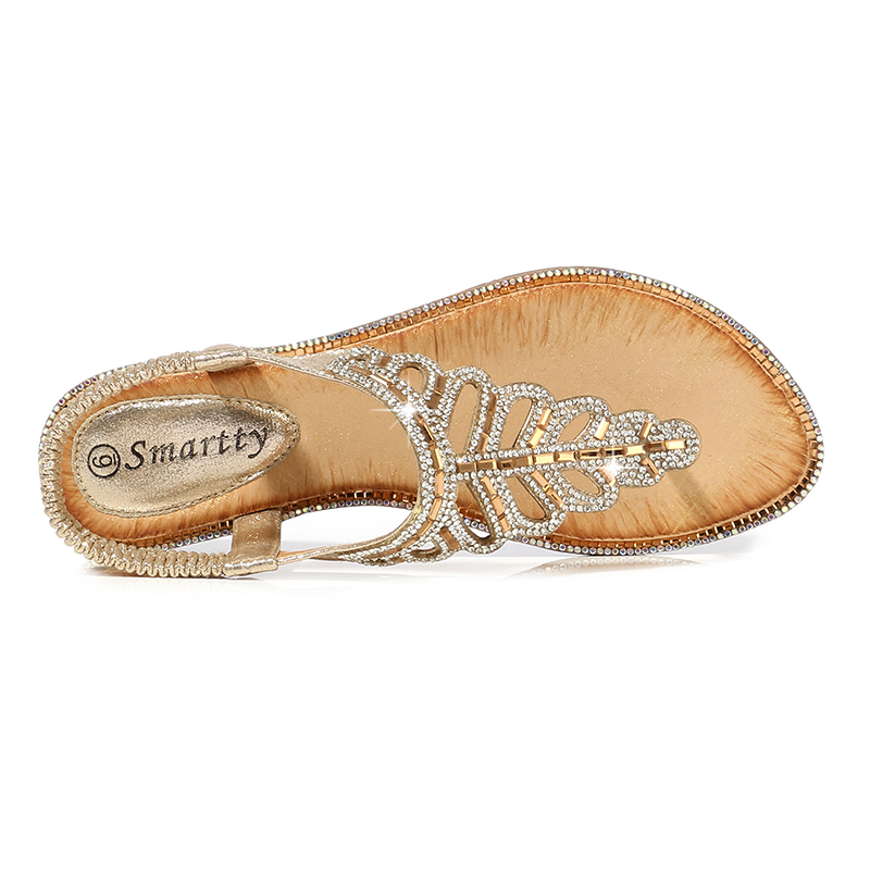 T-strap Leaf Rhinestone Flats Sandals