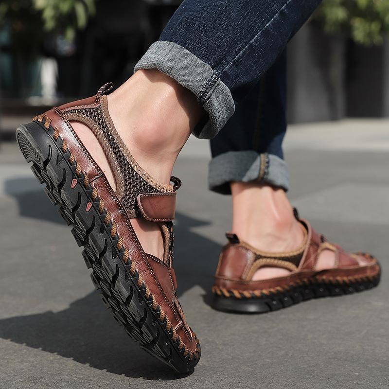 Men's Closed Toe Hand Stitching Outdoor Non Slip Dress Leather Sandals