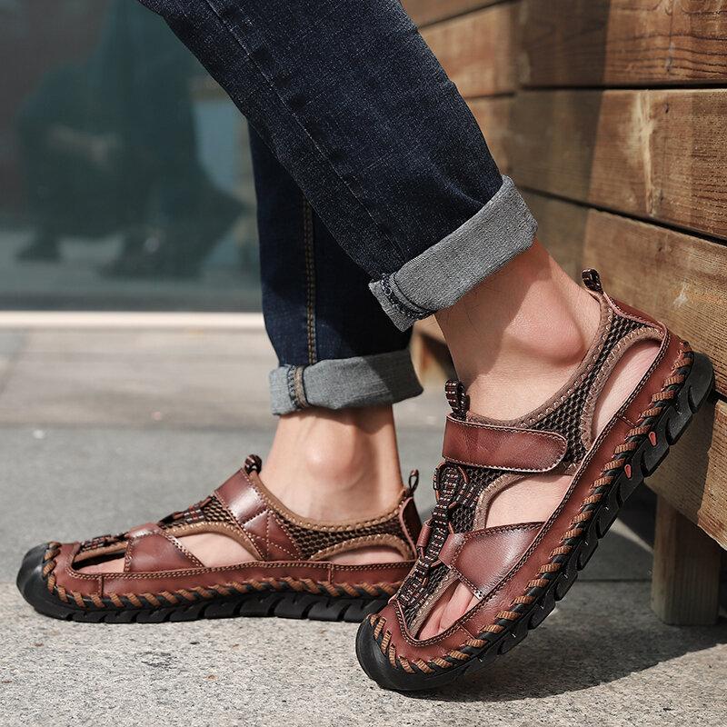 Men's Closed Toe Hand Stitching Outdoor Non Slip Dress Leather Sandals
