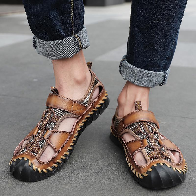 Men's Closed Toe Hand Stitching Outdoor Non Slip Dress Leather Sandals