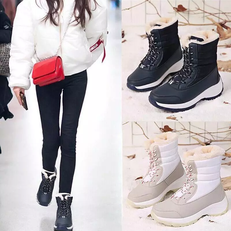 Waterproof Winter Women Shoes Snow Boots Fur-lined Warm Slipon Casual Ankle Size