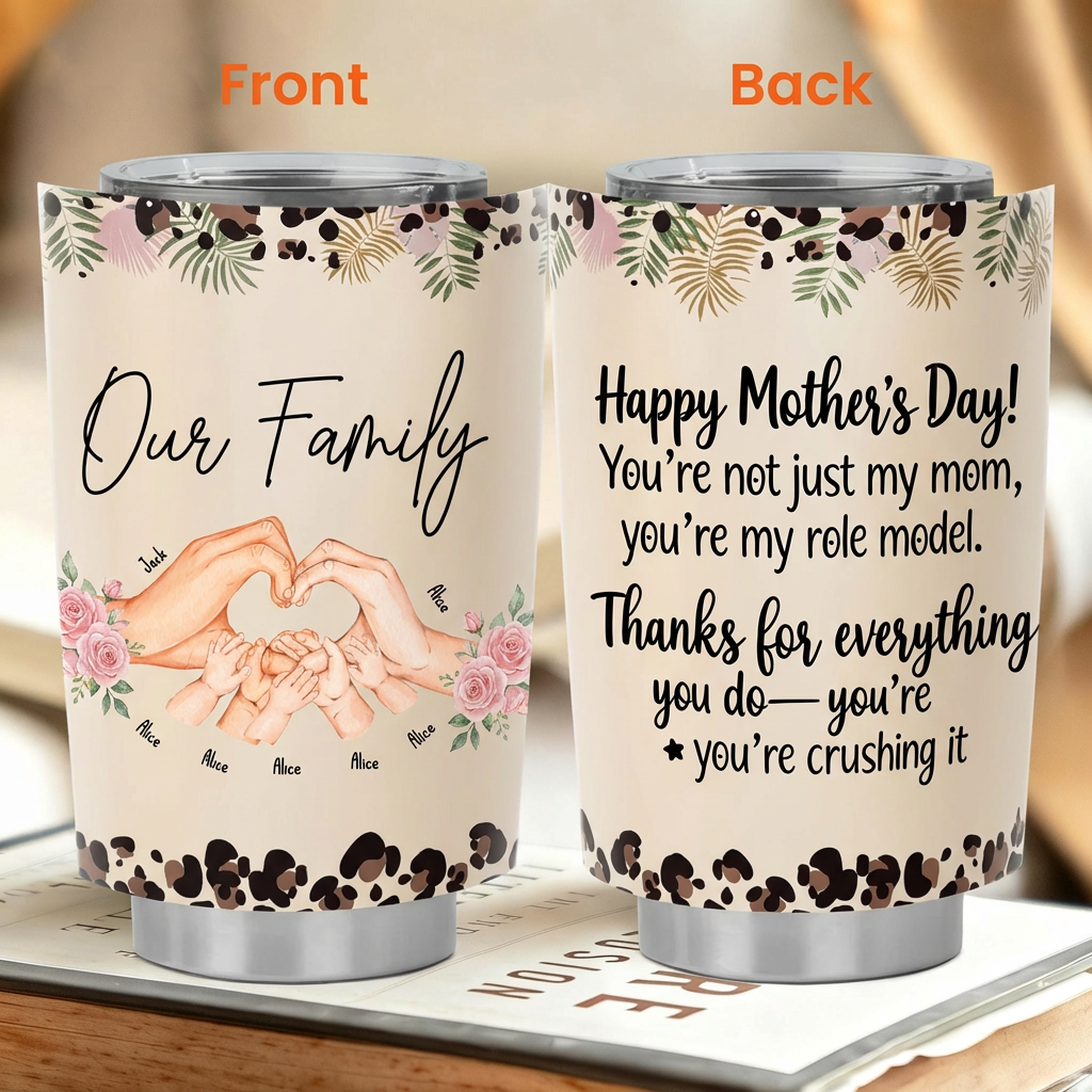 Personalized "Our Family" Hands Heart Tumbler - Custom Names Travel Cup, Mother's Day Gift for Mom