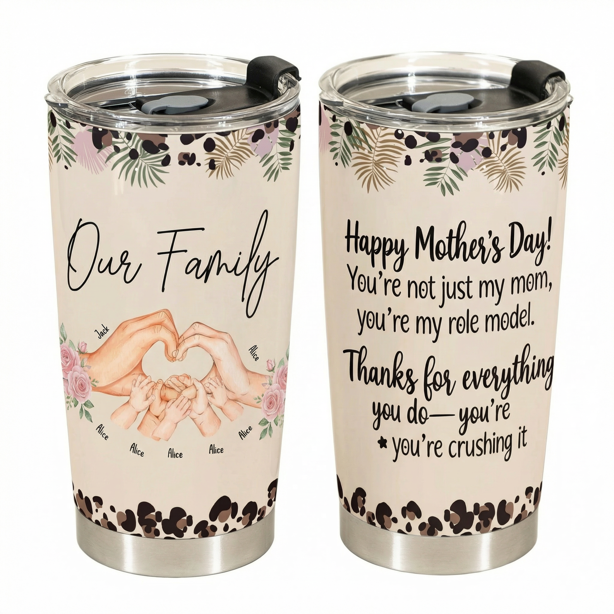 Personalized "Our Family" Hands Heart Tumbler - Custom Names Travel Cup, Mother's Day Gift for Mom