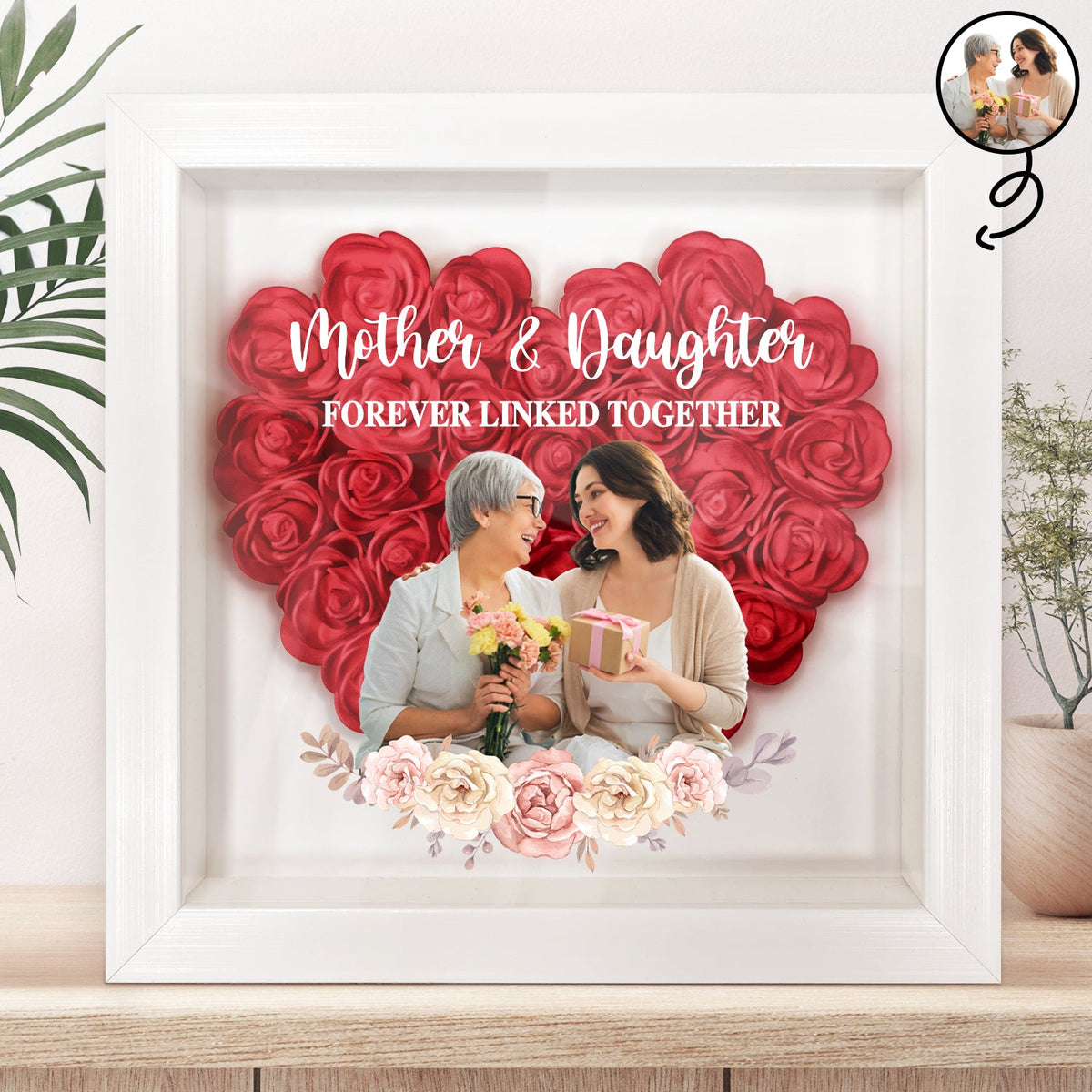 Mother & Daughter & Son & Children: Forever Linked, Heart to Heart - Personalized Mother's Day Flower Shadow Box