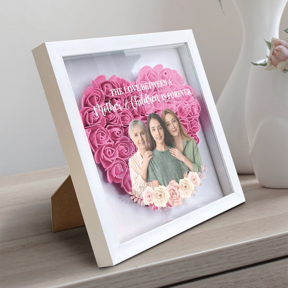 Mother & Daughter & Son & Children: Forever Linked, Heart to Heart - Personalized Mother's Day Flower Shadow Box