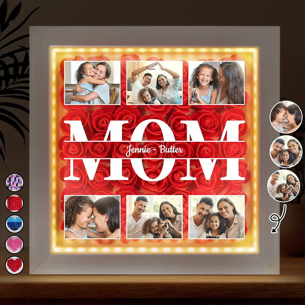Personalized "We Love You Mom" Photo Shadow Box with LED Lights & Flowers - Custom Mother's Day Gift
