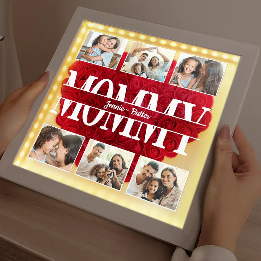 Personalized "We Love You Mom" Photo Shadow Box with LED Lights & Flowers - Custom Mother's Day Gift