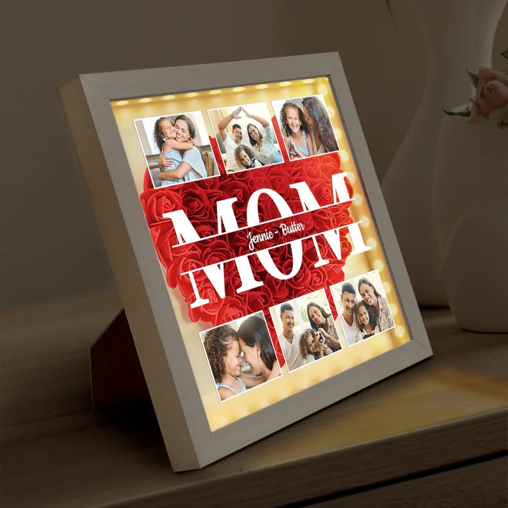 Personalized "We Love You Mom" Photo Shadow Box with LED Lights & Flowers - Custom Mother's Day Gift