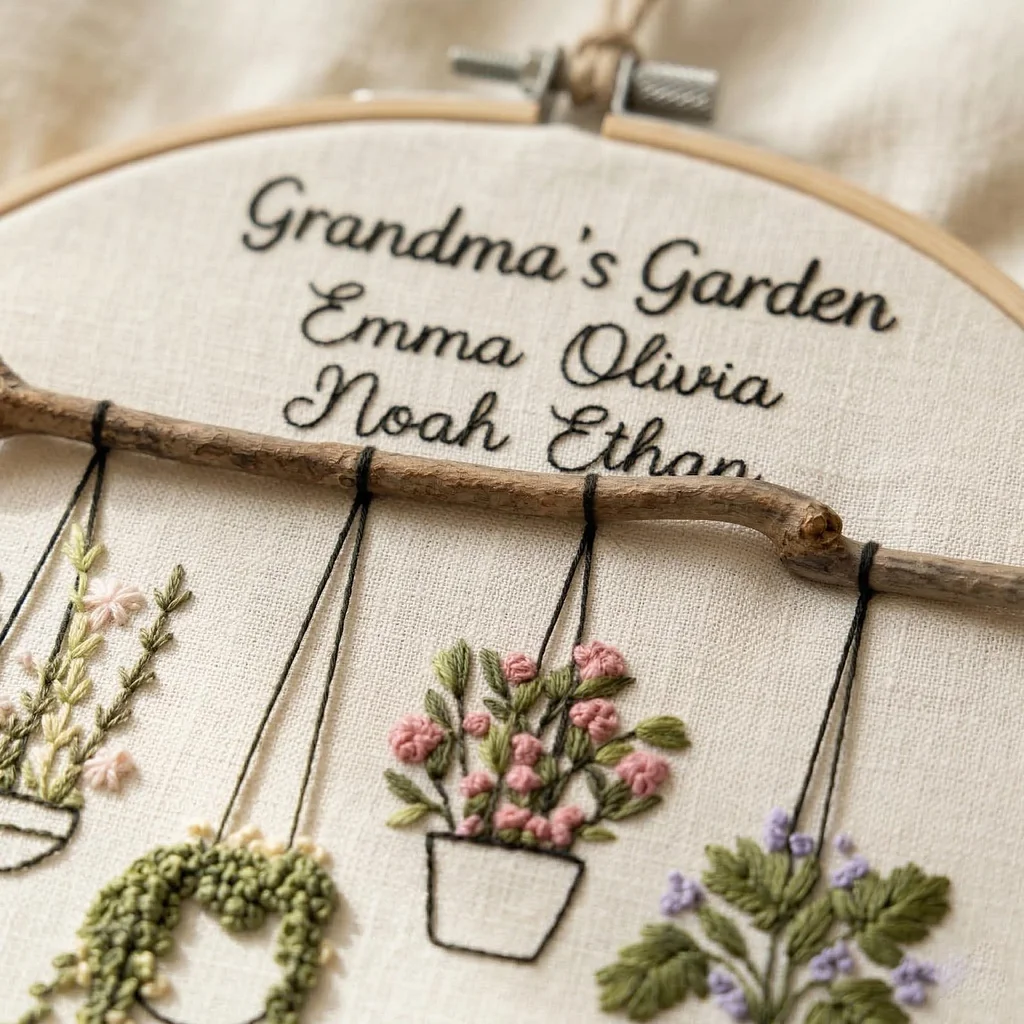 Personalized Grandma’s Garden Embroidery Hoop, Custom Family Name Sign, Hanging Plants Wall Decor, Gift for Grandma & Mom