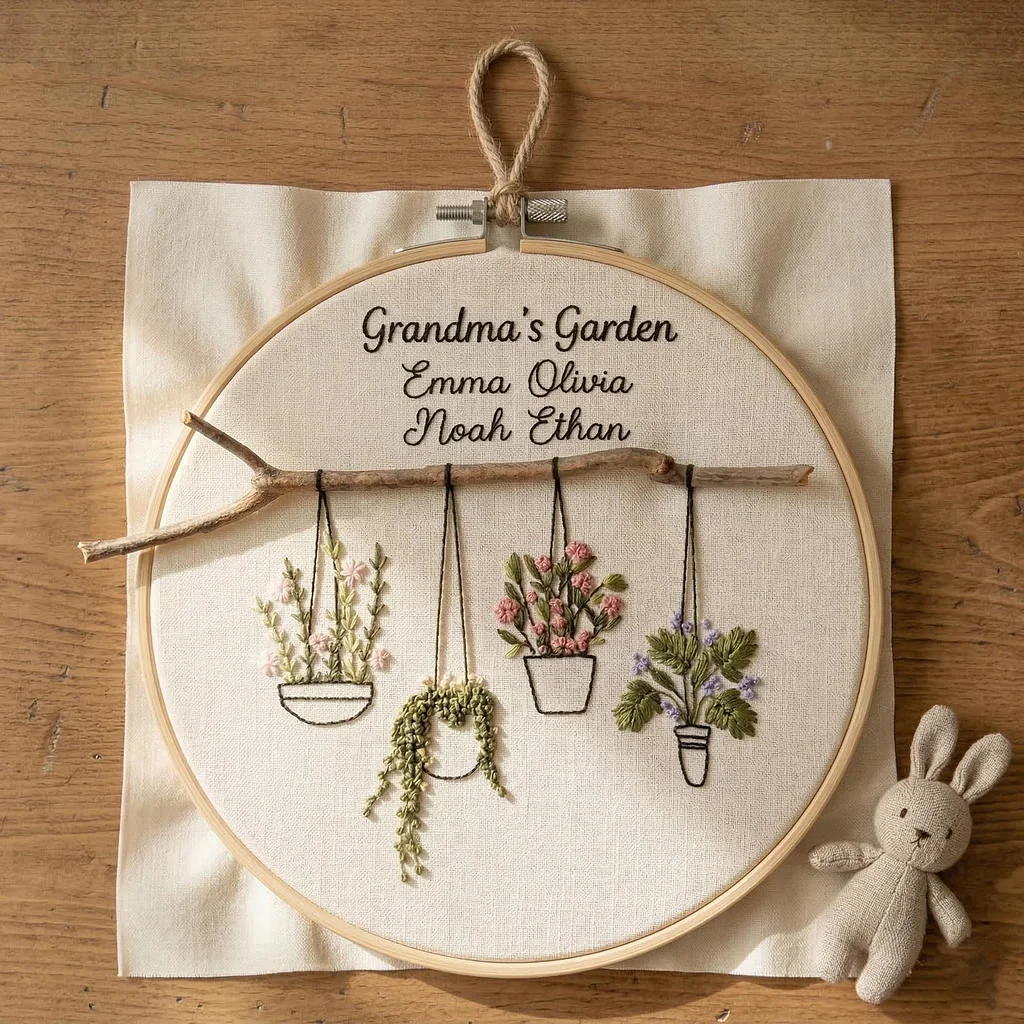 Personalized Grandma’s Garden Embroidery Hoop, Custom Family Name Sign, Hanging Plants Wall Decor, Gift for Grandma & Mom