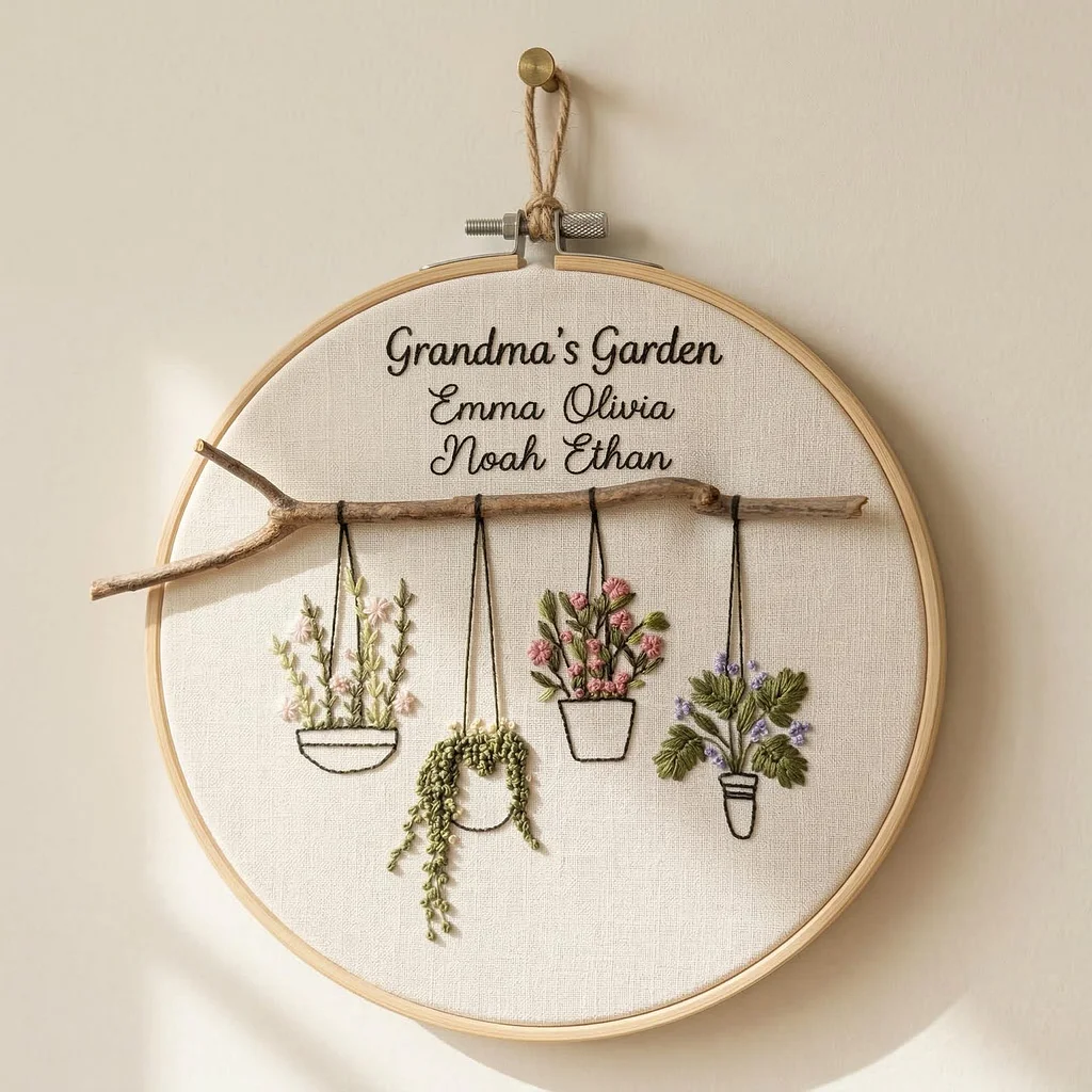 Personalized Grandma’s Garden Embroidery Hoop, Custom Family Name Sign, Hanging Plants Wall Decor, Gift for Grandma & Mom