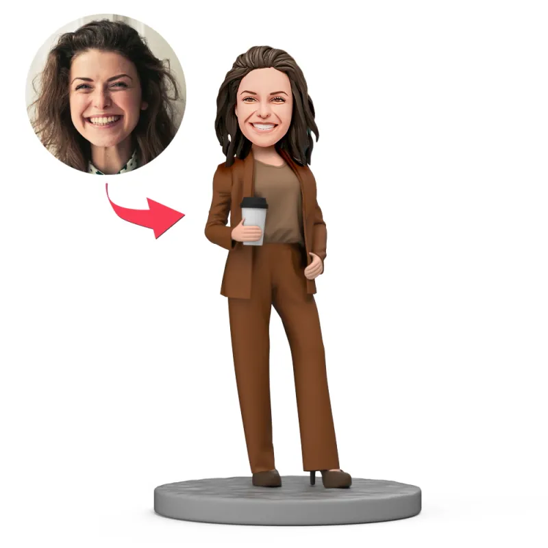 Female Boss Hold Coffee in Hand Custom Bobblehead with Engraved Text