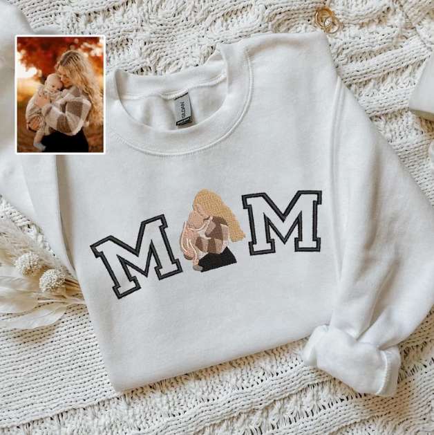 Embroidered Mama Sweatshirt – Custom Photo Portrait, Personalized Varsity Mom Shirt