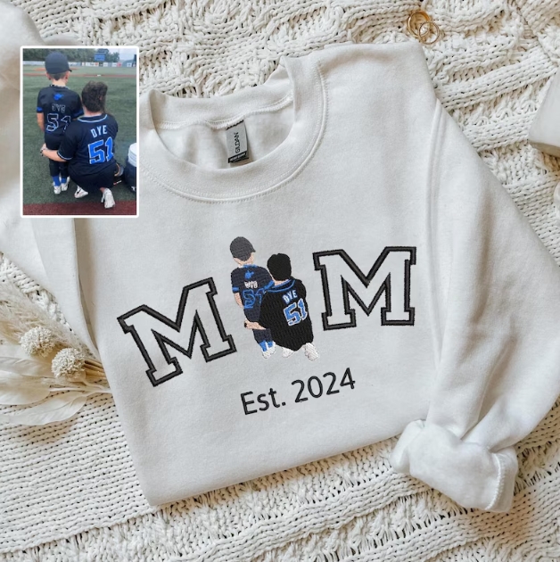 Embroidered Mama Sweatshirt – Custom Photo Portrait, Personalized Varsity Mom Shirt