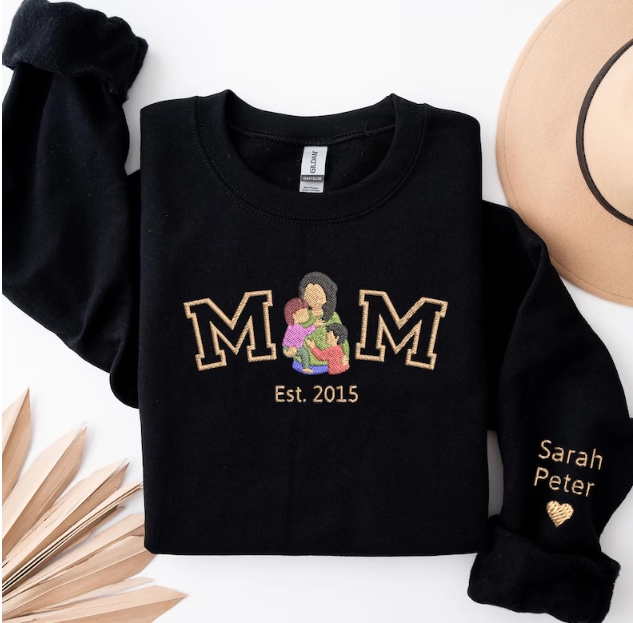 Embroidered Mama Sweatshirt – Custom Photo Portrait, Personalized Varsity Mom Shirt