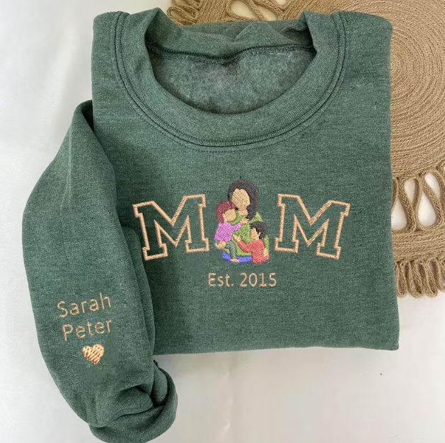 Embroidered Mama Sweatshirt – Custom Photo Portrait, Personalized Varsity Mom Shirt