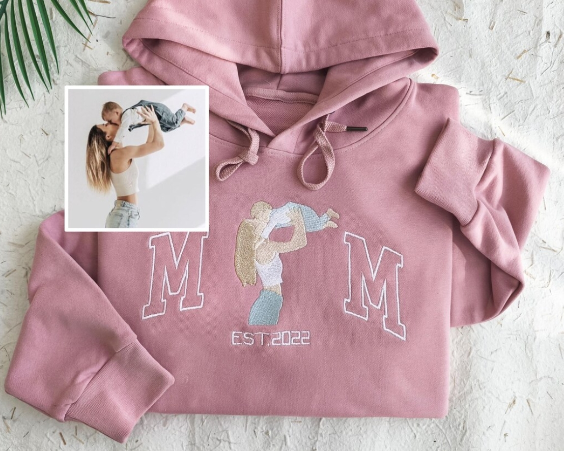 Custom Mama Sweatshirt with Photo – Embroidered Mama & Kids Portrait Hoodie, Personalized Varsity Shirt, Perfect Mother’s Day Gift
