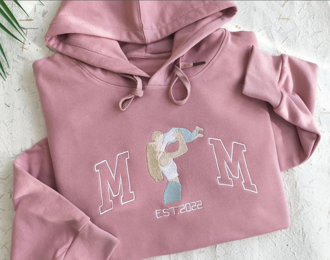 Custom Mama Sweatshirt with Photo – Embroidered Mama & Kids Portrait Hoodie, Personalized Varsity Shirt, Perfect Mother’s Day Gift