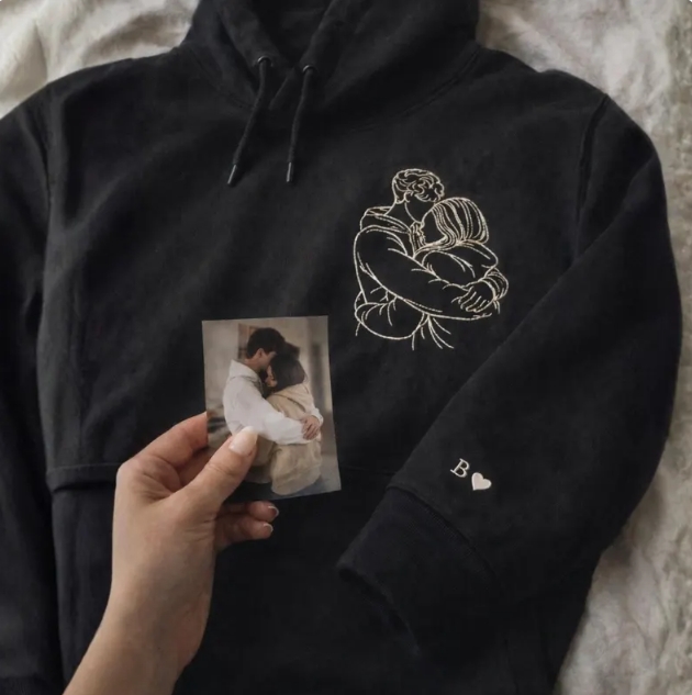 Personalized Embroidered Photo Sweatshirt, Custom Outline Portrait Hoodie, One Line Drawing Family Gift, Couple Hoodie, Birthday Gift