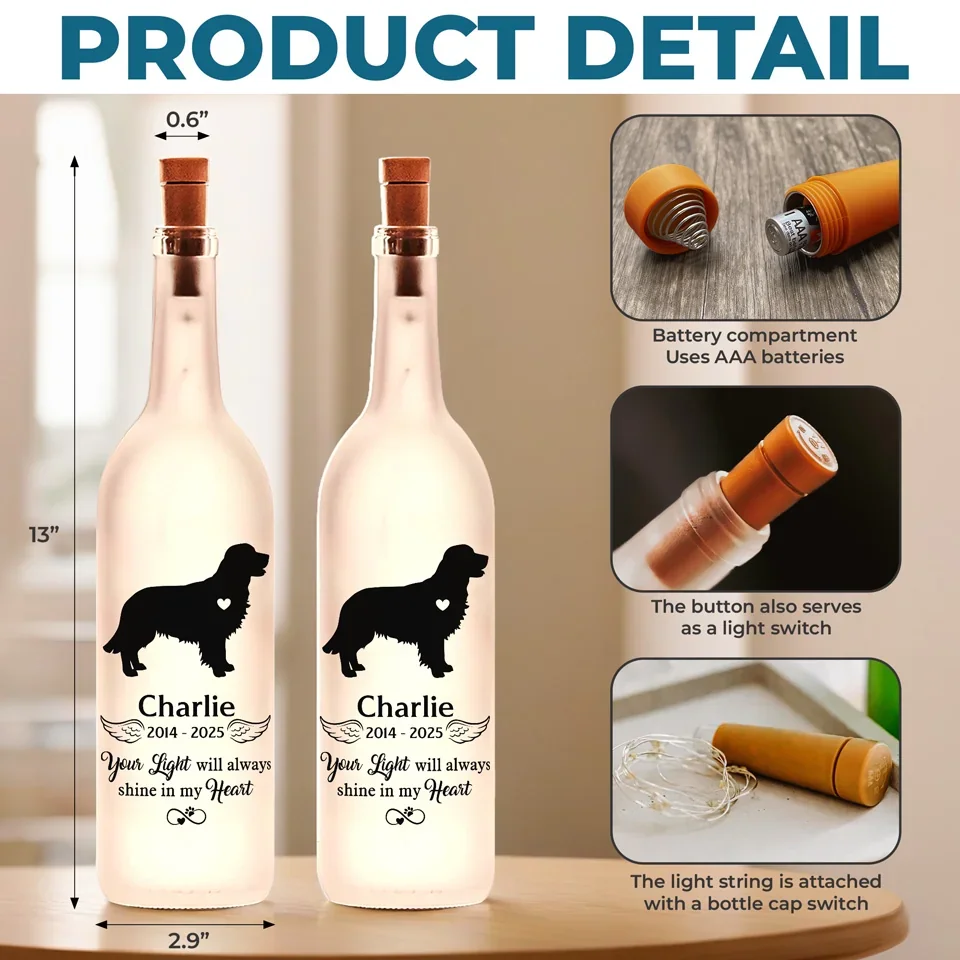 Forever In My Heart – Custom Pet Memorial Bottle Lamp, Sympathy Gift for Pet Owners