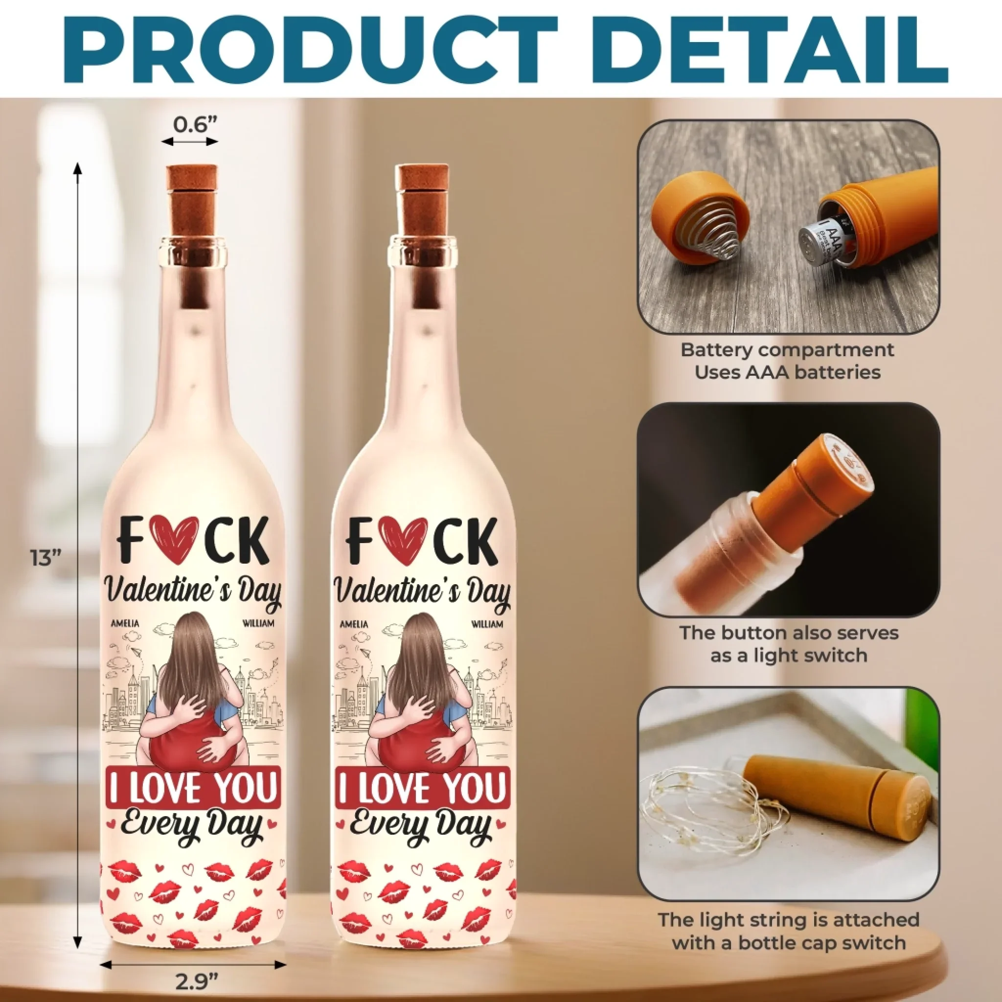 Every Day is Valentine’s Day – Personalized Custom Bottle Lamp for Couples – Unique Gift for Husband & Wife, Anniversary