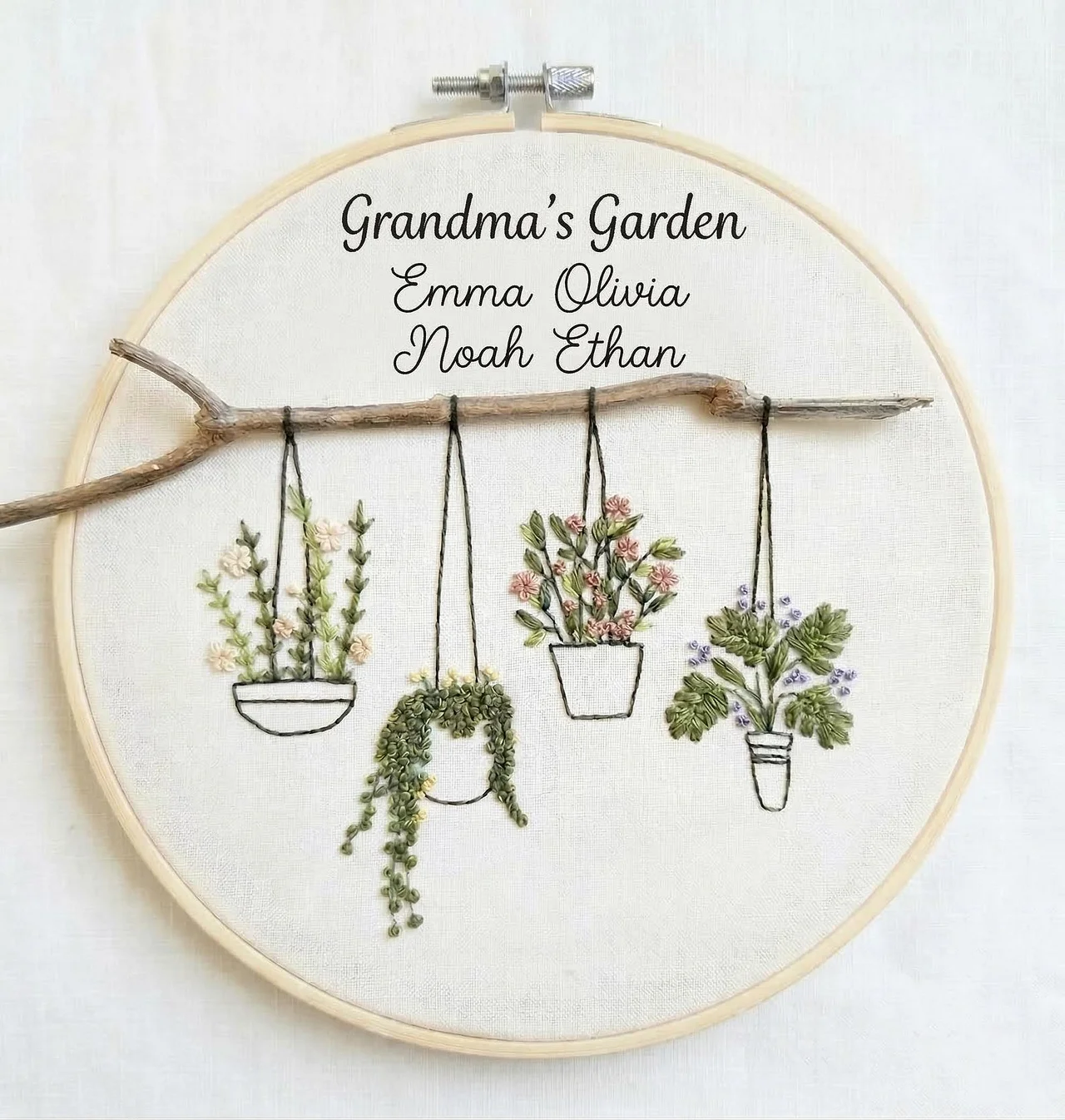 Personalized Grandma’s Garden Embroidery Hoop, Custom Family Name Sign, Hanging Plants Wall Decor, Gift for Grandma & Mom