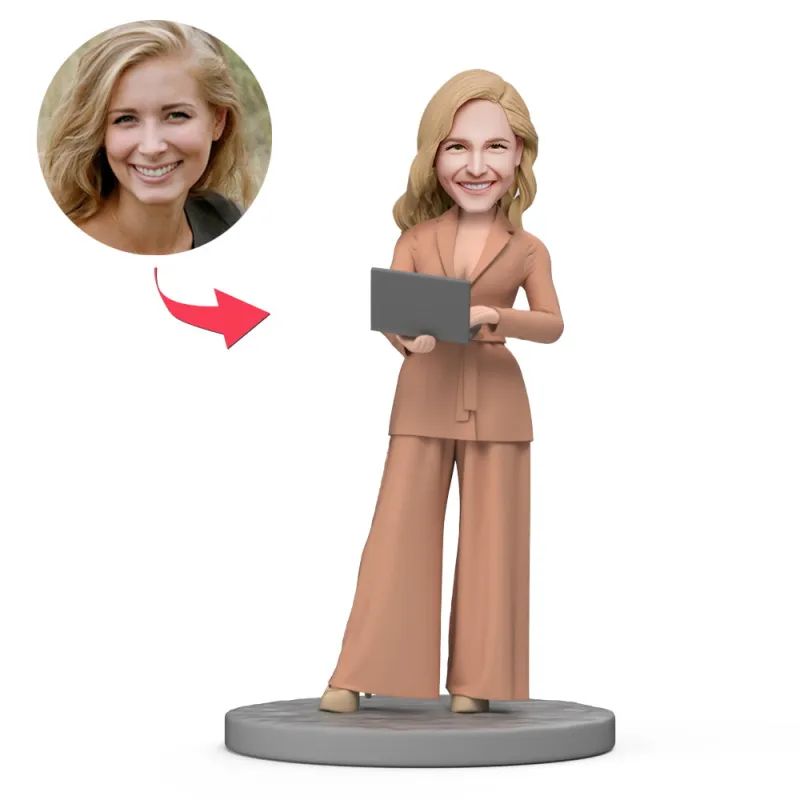 Female Wear Light Brown Suit with Computer Custom Bobblehead with Engraved Text