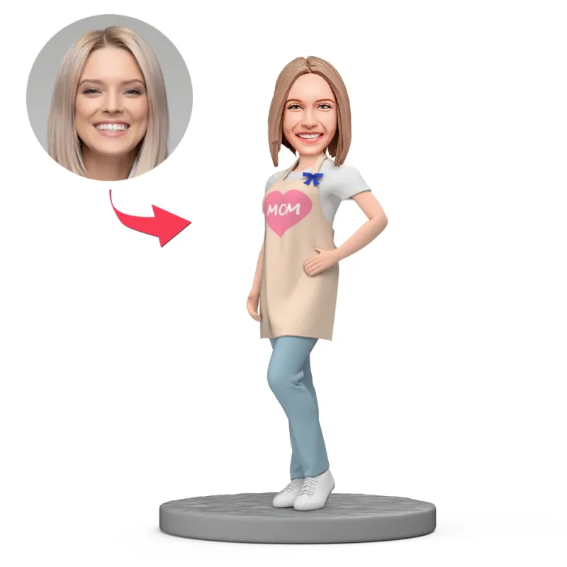 Mother's Day GIft Mom Wear Beige Apron Custom Bobblehead with Engraved Text