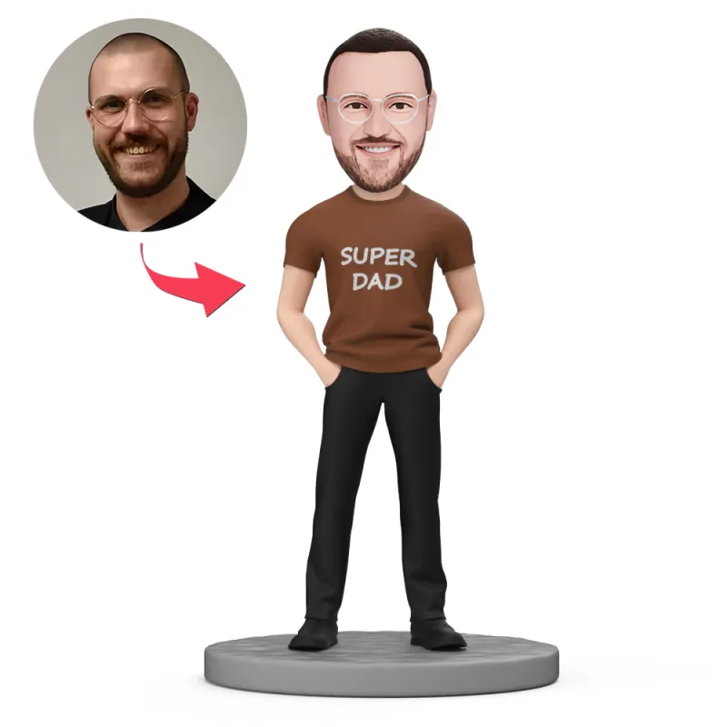 Father's Day Gifts Dad Wear Brown Shirt and Black Pants Custom Bobblehead with Engraved Text