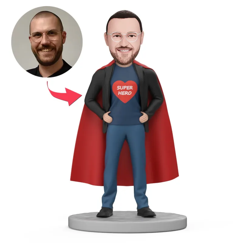 Super Hero Wear Black Suit and Red Cape Custom Bobblehead with Engraved Text