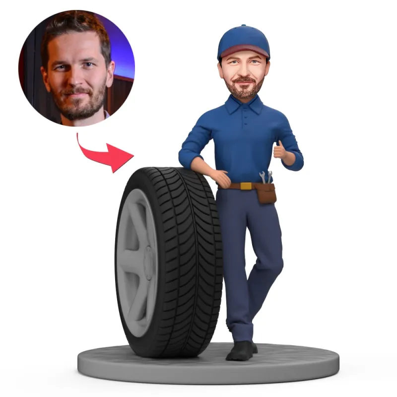 Custom Bobblehead Handsome Car Engineer, Car Mechanic Leaning on A Tire