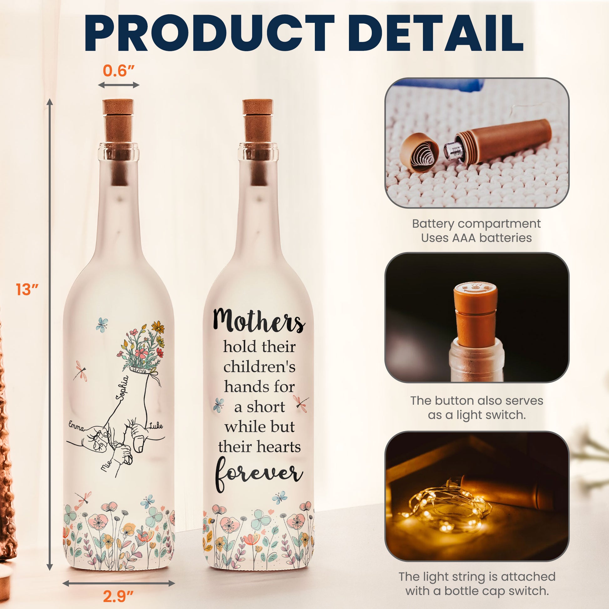 Mom, Mama’s Loving Hands – Custom Engraved Bottle Lamp