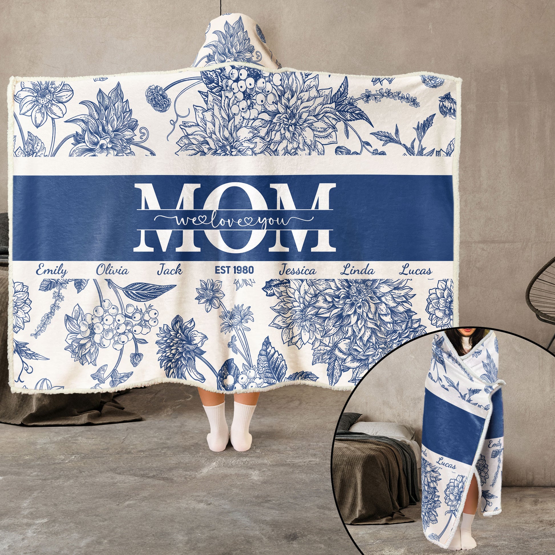 Toile Floral “Mom, We Love You” – Personalized Wearable Blanket Hoodie