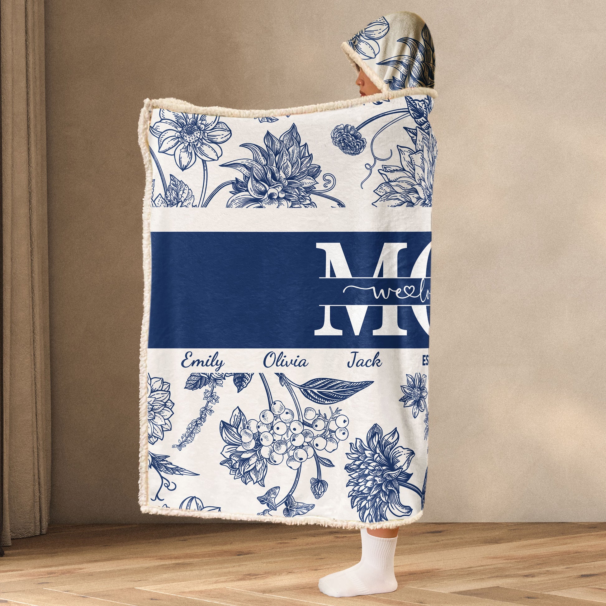 Toile Floral “Mom, We Love You” – Personalized Wearable Blanket Hoodie