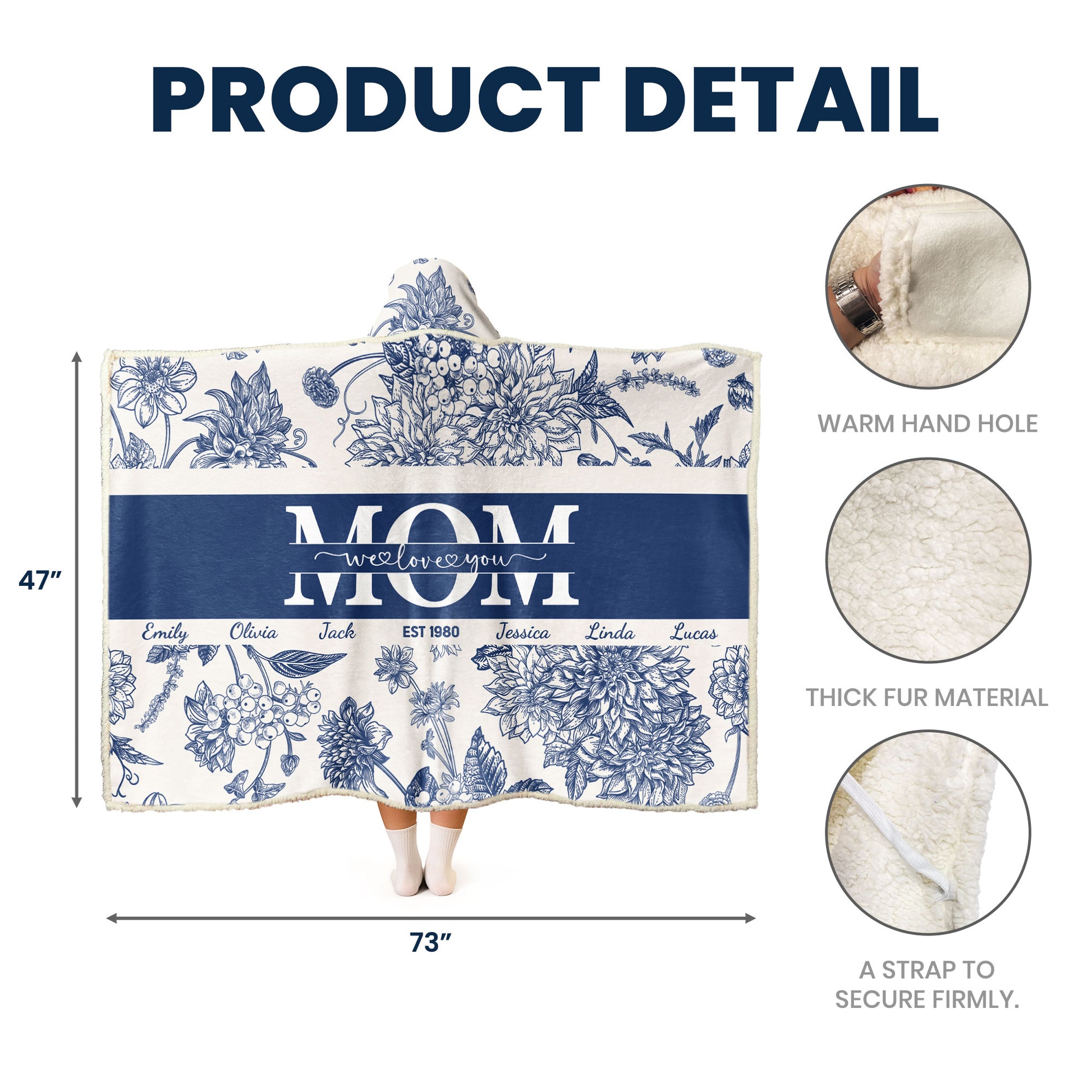 Toile Floral “Mom, We Love You” – Personalized Wearable Blanket Hoodie