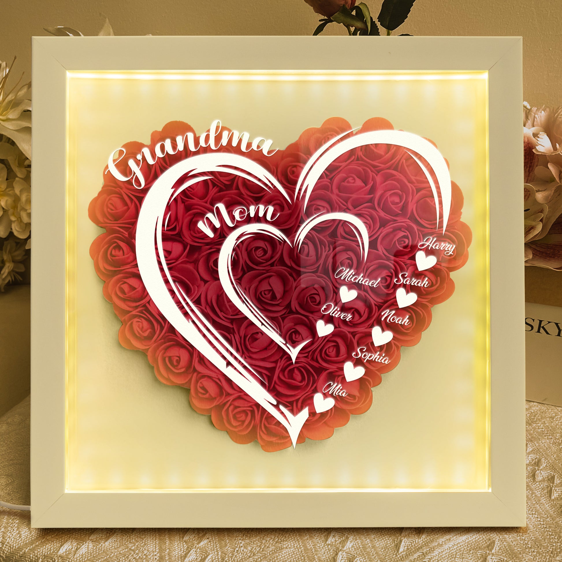 Personalized LED Flower Shadow Box for Mom & Grandma – Custom Kids Names & Heart Design