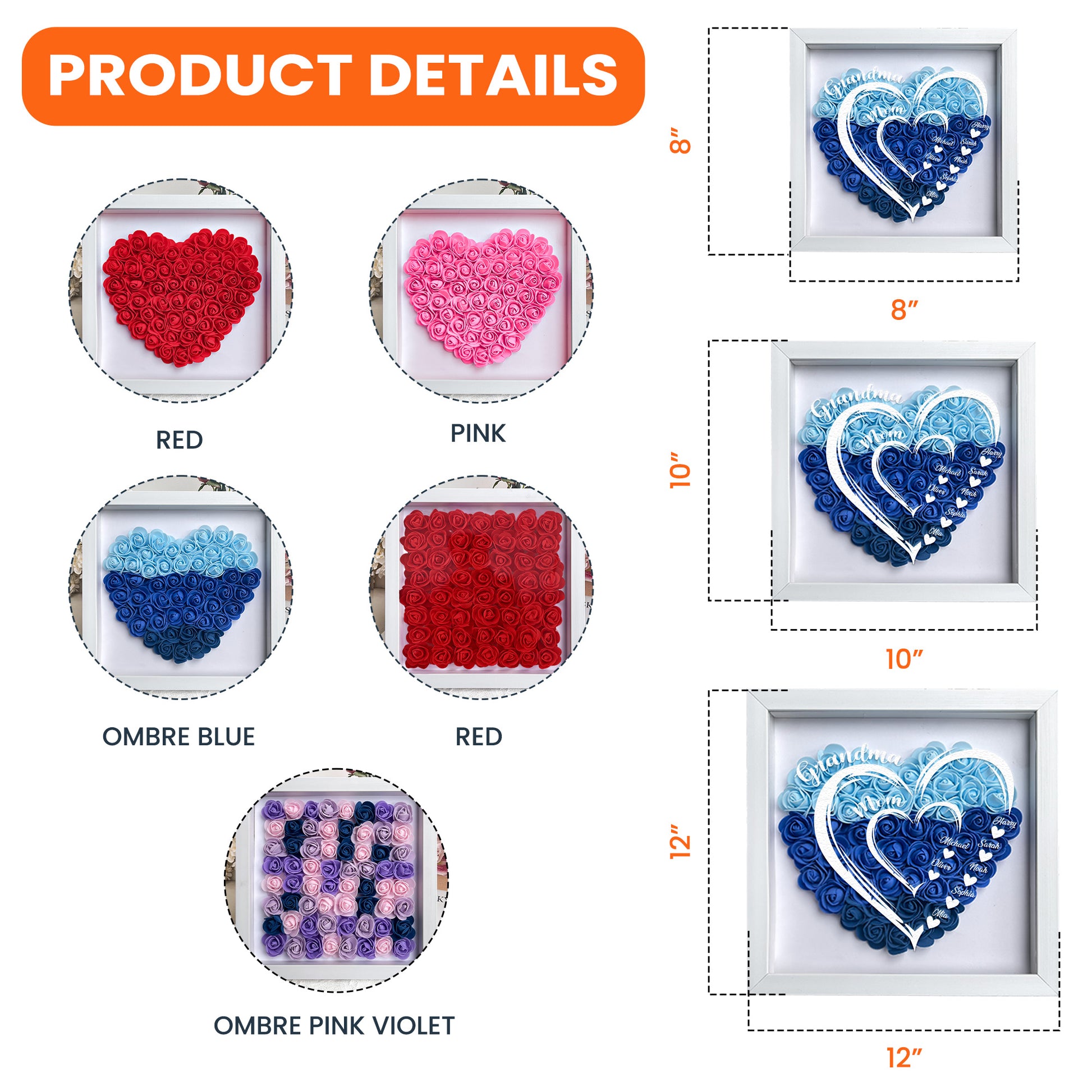 Personalized LED Flower Shadow Box for Mom & Grandma – Custom Kids Names & Heart Design