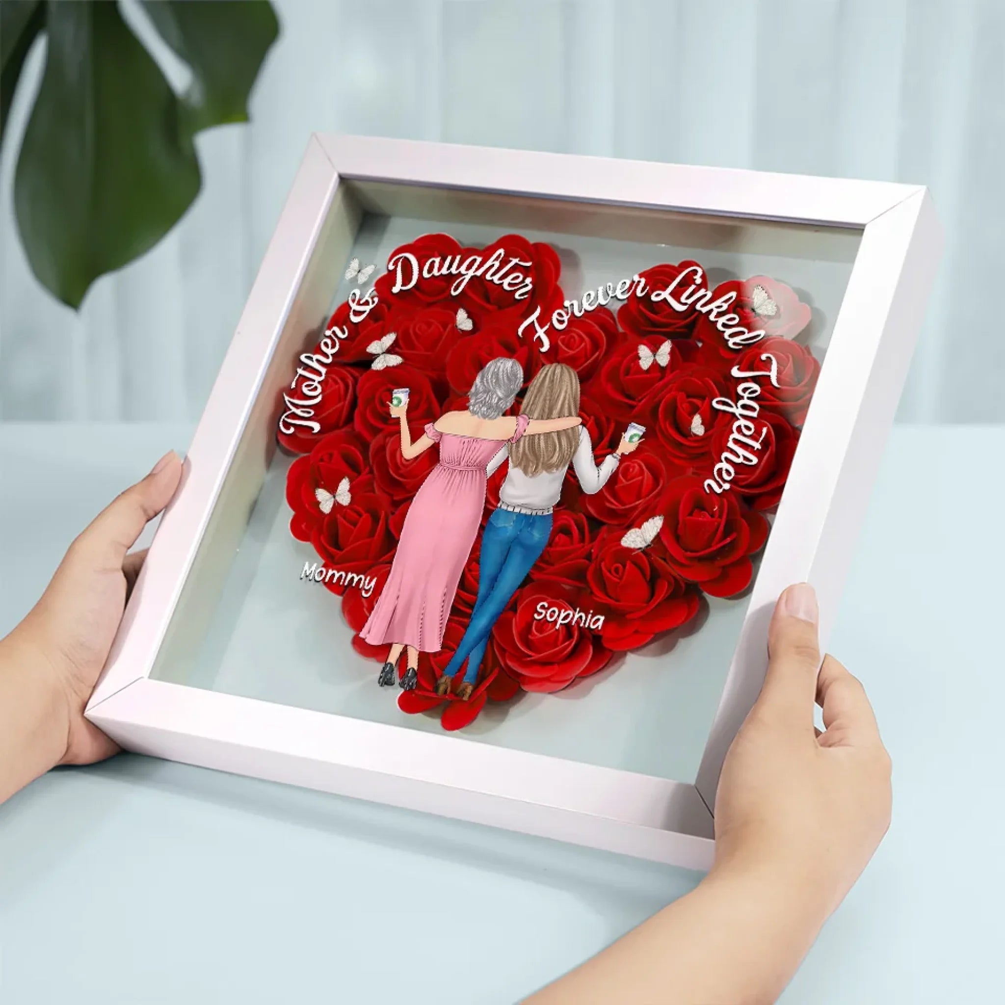 Mother Daughters Linked Together - Personalized Flower Shadow Box With LED Light