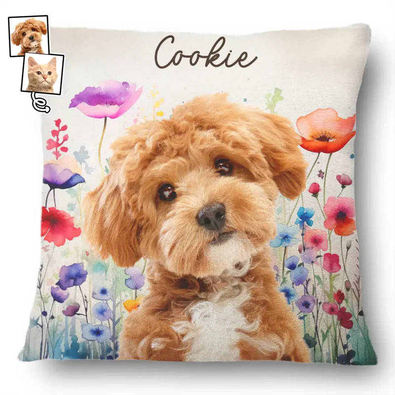 Custom Photo Watercolor Dog & Cat with Wildflowers – Personalized Pillow