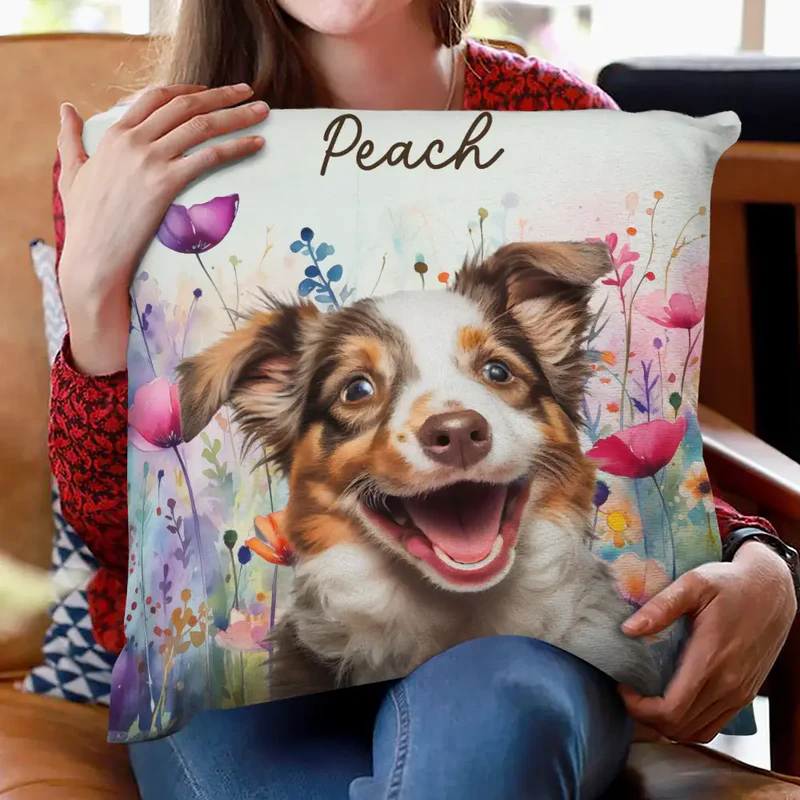 Custom Photo Watercolor Dog & Cat with Wildflowers – Personalized Pillow