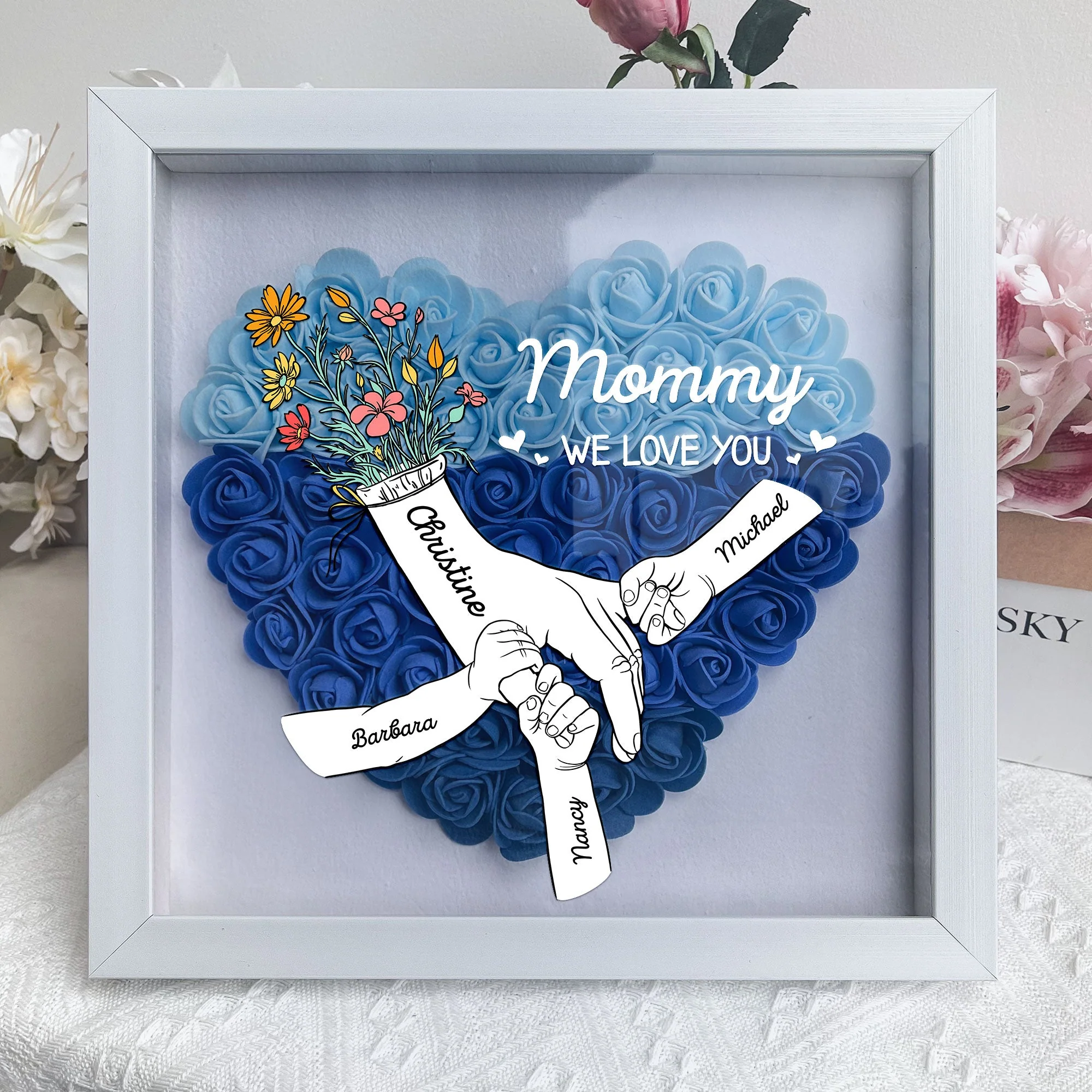 Mother’s Love in Our Hands – Personalized Floral Shadow Box
