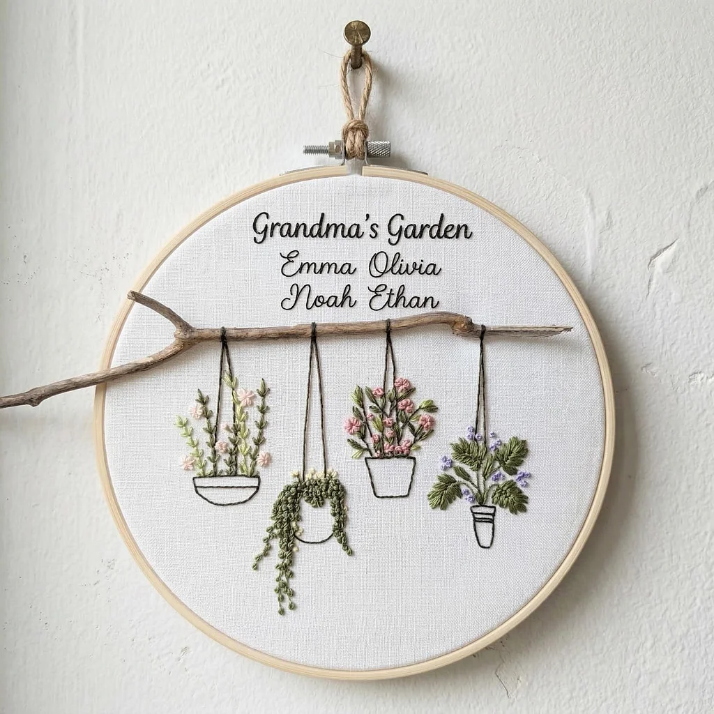 Personalized Grandma’s Garden Embroidery Hoop, Custom Family Name Sign, Hanging Plants Wall Decor, Gift for Grandma & Mom